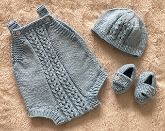 Hand Knitted Outfit for Baby ~ 0 - 3 months ~ Supersoft Easy Care Yarn ~ Romper, Hat & Shoes ~ Powder Blue