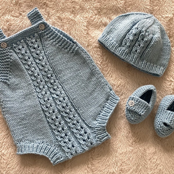 Hand Knitted Outfit for Baby ~ 0 - 3 months ~ Supersoft Easy Care Yarn ~ Romper, Hat & Shoes ~ Powder Blue