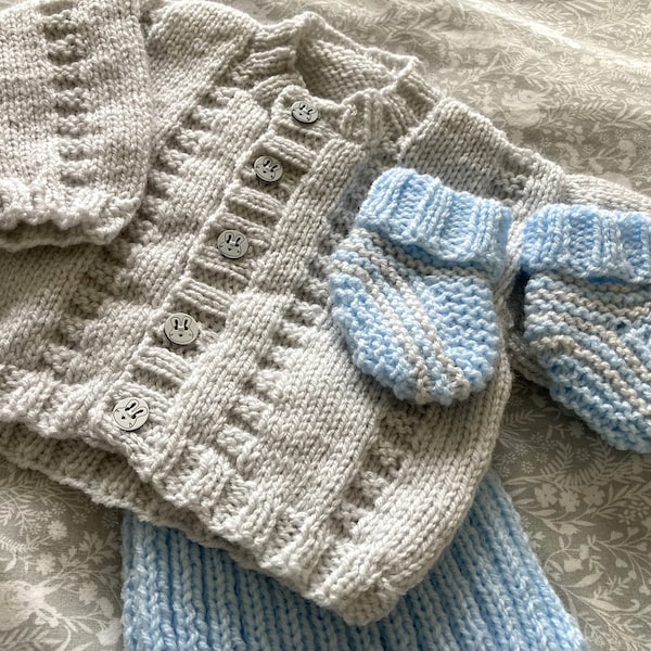 Hand Knitted Outfit for Baby ~ 0 - 3 months ~ Supersoft Easy Care Yarn ~ Cardigan, Shorts & Shoes ~ Baby Blue + Grey