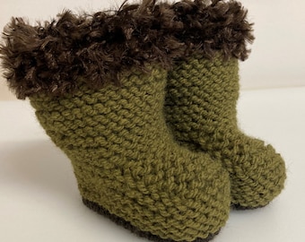 Hand knitted cosy winter boots for new baby ~ Green and Brown