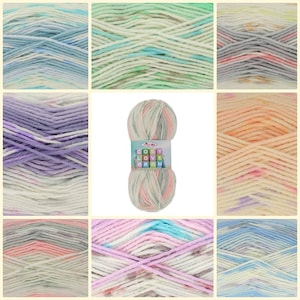 May include: A selection of multi-coloured yarn skeins in shades of blue, green, purple, and peach. One skein has a label with the text "COSY LOVE ARAN". The yarn is soft and ideal for knitting or crochet projects.