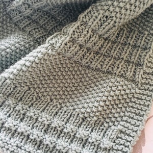 May include: A soft, light blue knitted blanket with a textured pattern. The blanket is folded and shows the detail of the knit stitch.