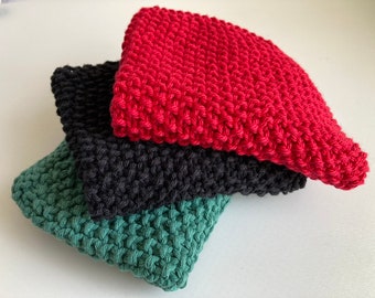 Three Hand knitted cotton kitchen cloths / washcloths ~ Dark Colours ~ 100% Cotton ~ Washable / Reusable