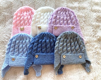 Hand Knitted Baby Hats ~ Aviator Style ~ Unisex ~ Super Cosy ~ New Baby