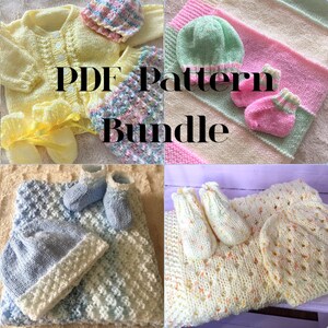 May include: A set of four PDF knitting patterns for a baby cardigan, hat, booties, and blanket. The patterns include a variety of colours and textures, including yellow, pink, blue, and green.