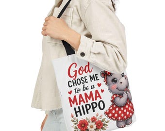 Dieu m'a choisie pour être une maman hippopotame, motif floral | Sac fourre-tout illustré maman hippopotame | Cadeau pour maman | Amoureux des hippopotames
