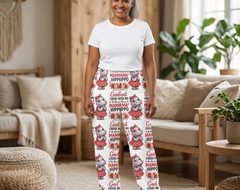 Pantalon de pyjama femme motif hippopotame « Dieu m'a choisie pour être maman » | Pyjama imprimé hippopotame mignon | Cadeau fête des mères | Amoureux des hippopotames