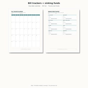 May include: Two white pages featuring a bill tracker calendar and a sinking funds tracker. The calendar has a grid layout with teal headers. The sinking funds tracker includes sections for car, home, gifts, medical, clothing, travel, bills, and contributions.