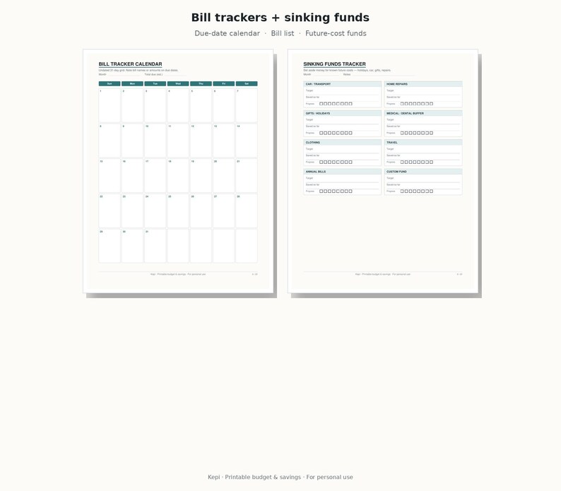 May include: Two white pages featuring a bill tracker calendar and a sinking funds tracker. The calendar has a grid layout with teal headers. The sinking funds tracker includes sections for car, home, gifts, medical, clothing, travel, bills, and contributions.