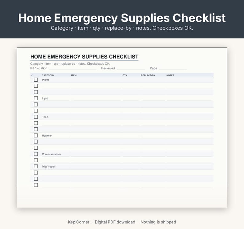 Emergency Kit Checklist Printable | Go-Bag Preparedness Fillable PDF | Home Supplies Letter A4 image 5