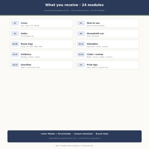 May include: A dark blue and white digital document titled What you receive 24 modules. It lists 24 sections including Cover, How to use, Index, Household cue, Room logs, Valuables, Evidence, Claim/review, Overflow, and Print tips with descriptions.