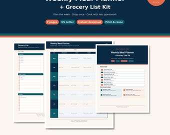 Weekly Meal Planner Printable + Grocery List Kit | Meal Prep Planner PDF | US Letter Instant Download