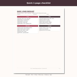 May include: A white printable party planning checklist with dark red headers. The document is divided into four sections: Plan, Shop, Party Day, and Cleanup, each containing checkboxes and text lines for organizing event details and tasks.