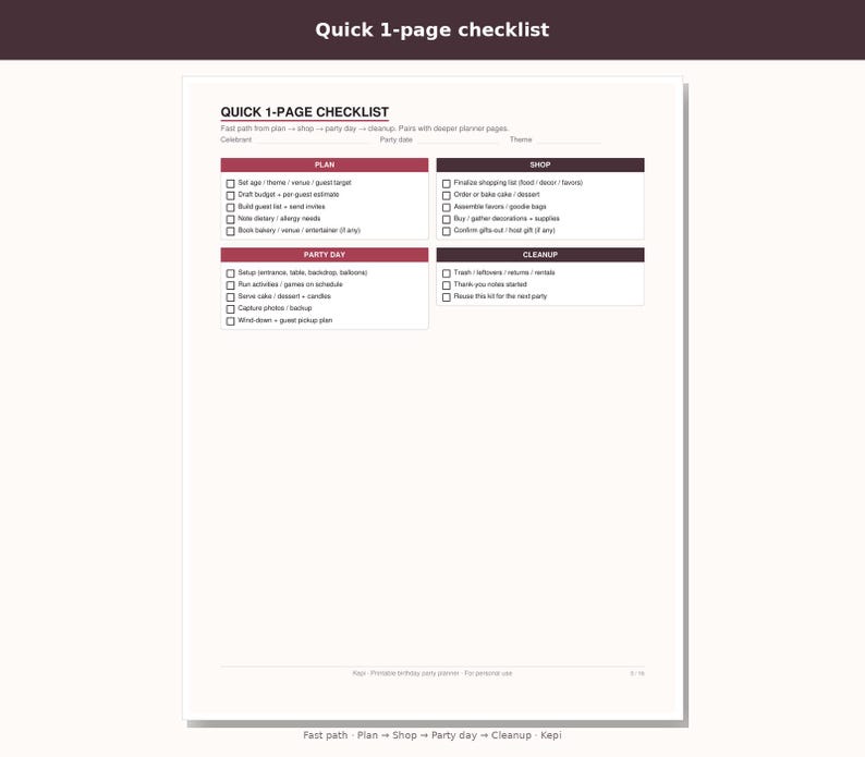 May include: A white printable party planning checklist with dark red headers. The document is divided into four sections: Plan, Shop, Party Day, and Cleanup, each containing checkboxes and text lines for organizing event details and tasks.