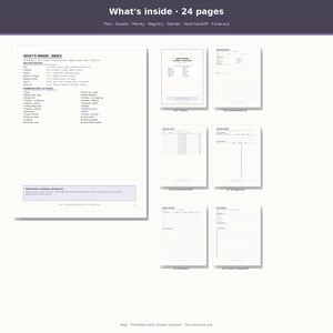 May include: A 24-page printable baby shower planner document featuring a detailed index, a cover page, a dashboard, a guest and RSVP tracker, a registry planner, a games sheet, and a host handoff form, all presented in a clean, white layout.