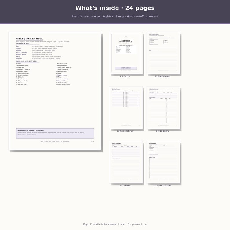 May include: A 24-page printable baby shower planner document featuring a detailed index, a cover page, a dashboard, a guest and RSVP tracker, a registry planner, a games sheet, and a host handoff form, all presented in a clean, white layout.