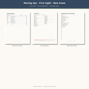 May include: Three white printable checklists titled Moving Day Run Sheet, First Night Kit, and New Home Setup: First Week Essentials. Each page features organized columns, checkboxes, and lines for tracking tasks during a home relocation process.