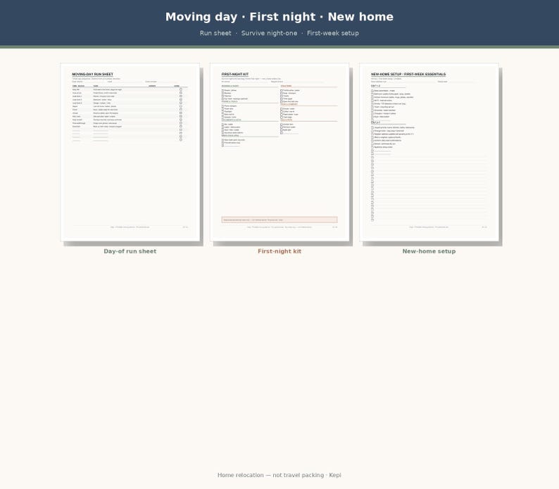 May include: Three white printable checklists titled Moving Day Run Sheet, First Night Kit, and New Home Setup: First Week Essentials. Each page features organized columns, checkboxes, and lines for tracking tasks during a home relocation process.