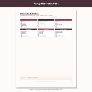 May include: A white party-day run sheet document featuring dark red headers and organized checklists for setup, guest arrival, activities, cake moment, wind-down, and pickup. The page includes fields for party date, lead, and backup contact information.