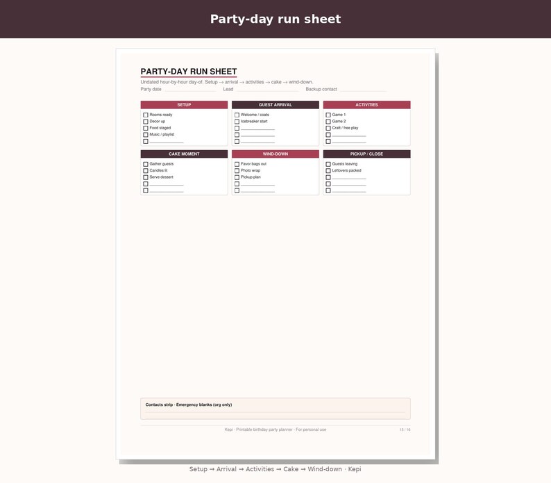 May include: A white party-day run sheet document featuring dark red headers and organized checklists for setup, guest arrival, activities, cake moment, wind-down, and pickup. The page includes fields for party date, lead, and backup contact information.