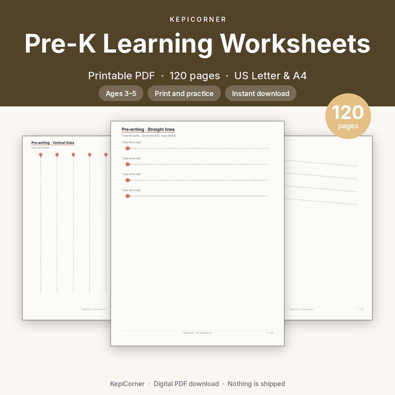 Pre-K Learning Worksheets Ages 3-5 Printable | Alphabet Tracing Numbers Counting | 120 Pages Letter A4 image 1