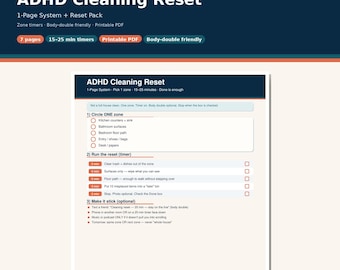 ADHS-Reinigungs-Reset-System (1 Seite, druckbar) | Zonentimer-Checkliste | PDF (geeignet für Körperdoubles)
