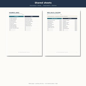 May include: Two white printable packing checklists titled Shared sheets. The left page lists Documents and Money with checkboxes. The right page lists Meds, Health, and Toiletries with checkboxes. Both pages feature dark blue headers and organized columns.