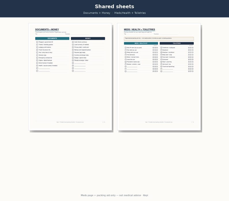 May include: Two white printable packing checklists titled Shared sheets. The left page lists Documents and Money with checkboxes. The right page lists Meds, Health, and Toiletries with checkboxes. Both pages feature dark blue headers and organized columns.