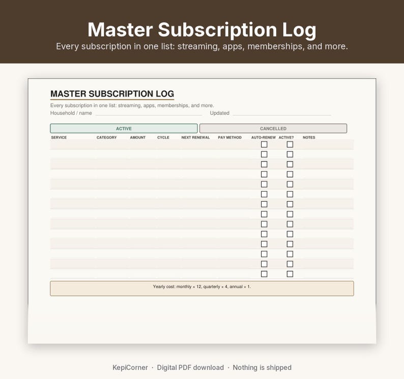 Subscription Tracker Printable | Recurring Subscriptions Keep Change Cancel | Fillable PDF Letter A4 image 5