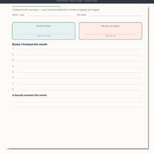 May include: A monthly reading snapshot planner page with fields for month, year, and name. It includes boxes for books finished and minutes or pages logged, a numbered list for eight books, and a section for a favorite moment this month.