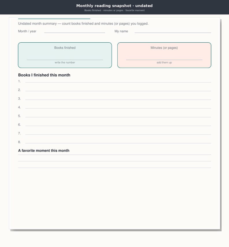 May include: A monthly reading snapshot planner page with fields for month, year, and name. It includes boxes for books finished and minutes or pages logged, a numbered list for eight books, and a section for a favorite moment this month.