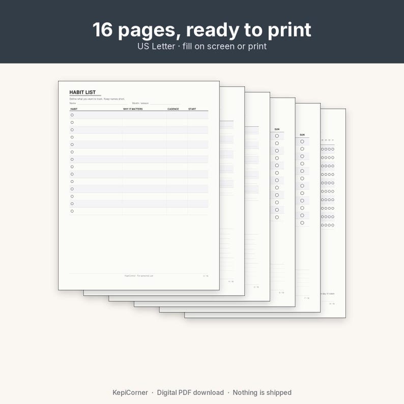 Habit Tracker Pack Printable | Daily Weekly Monthly 30-Day Yearly | Minimal Undated PDF US Letter image 4