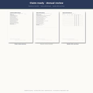 May include: Three white document pages titled Claim-ready, Annual review, and Update after purchase. Each page features a structured checklist with checkboxes, lines for notes, and headers. The top banner text reads Claim-ready Annual review.