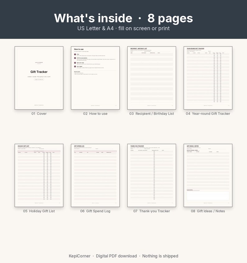 Gift Tracker Printable | Birthday & Holiday Gift List Year-Round | Fillable PDF Letter A4 image 3
