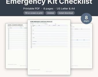 Emergency Kit Checklist Printable | Go-Bag Preparedness Fillable PDF | Home Supplies Letter A4