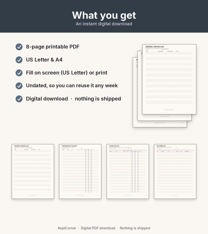 Gift Tracker Printable | Birthday & Holiday Gift List Year-Round | Fillable PDF Letter A4 image 10