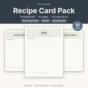 Recipe Card Pack Printable | Recipe Binder Pages Index Dividers | Fillable PDF Letter A4 image 1