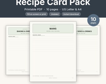 Recipe Card Pack Printable | Recipe Binder Pages Index Dividers | Fillable PDF Letter A4