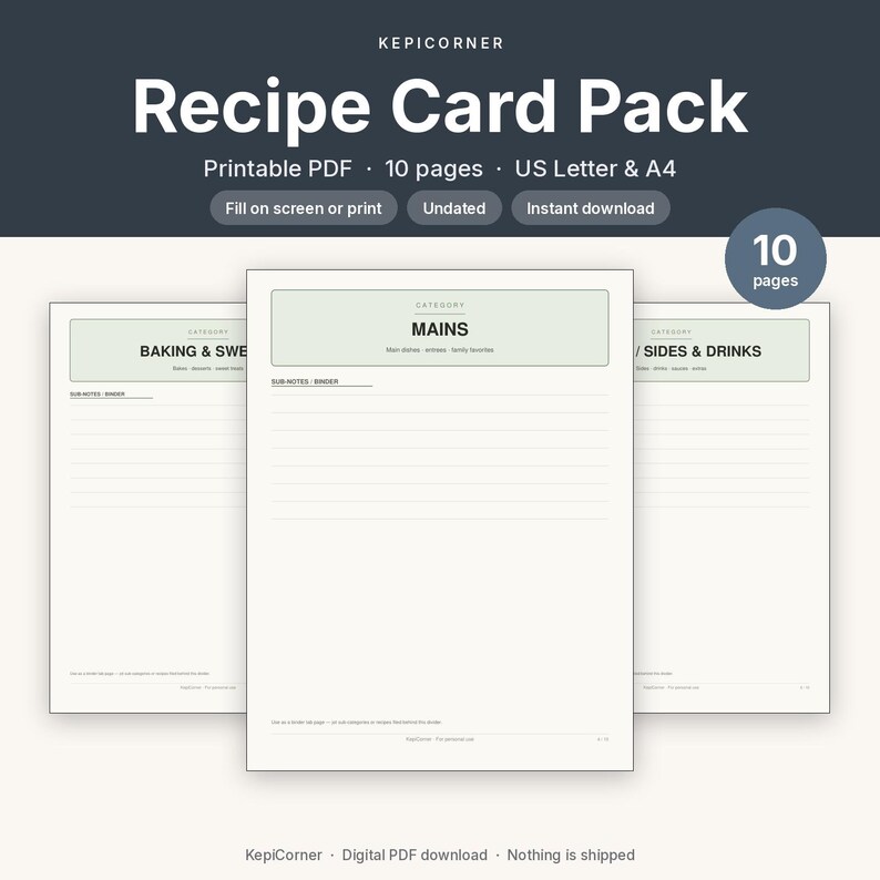 Recipe Card Pack Printable | Recipe Binder Pages Index Dividers | Fillable PDF Letter A4 image 1