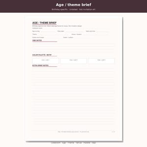 May include: A white printable birthday party planner sheet titled Age / Theme Brief. The document includes fields for celebrant name, age, date, time, theme, venue, guest count, and location, plus sections for vibe notes, color palette, and extra notes.