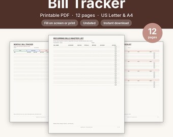 Bill Tracker Printable | Monthly Bills Checklist Payment Organizer | Fillable PDF Letter A4