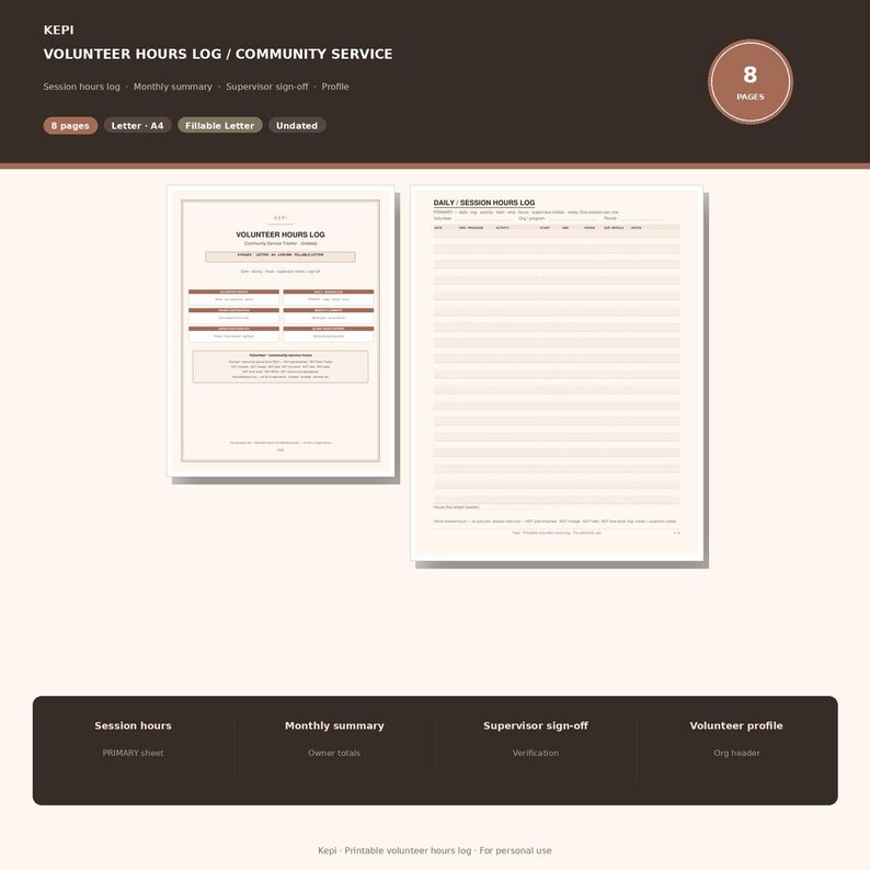 May include: A digital volunteer hours log and community service tracker template featuring eight pages in Letter and A4 sizes. The document includes sections for session hours, monthly summaries, supervisor sign-offs, and volunteer profiles.