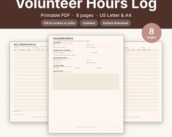 Volunteer Hours Log Printable | Community Service Tracker Fillable PDF | Letter A4