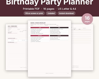 Birthday Party Planner Checklist Printable | Undated Reusable Kit | Fillable PDF Letter A4
