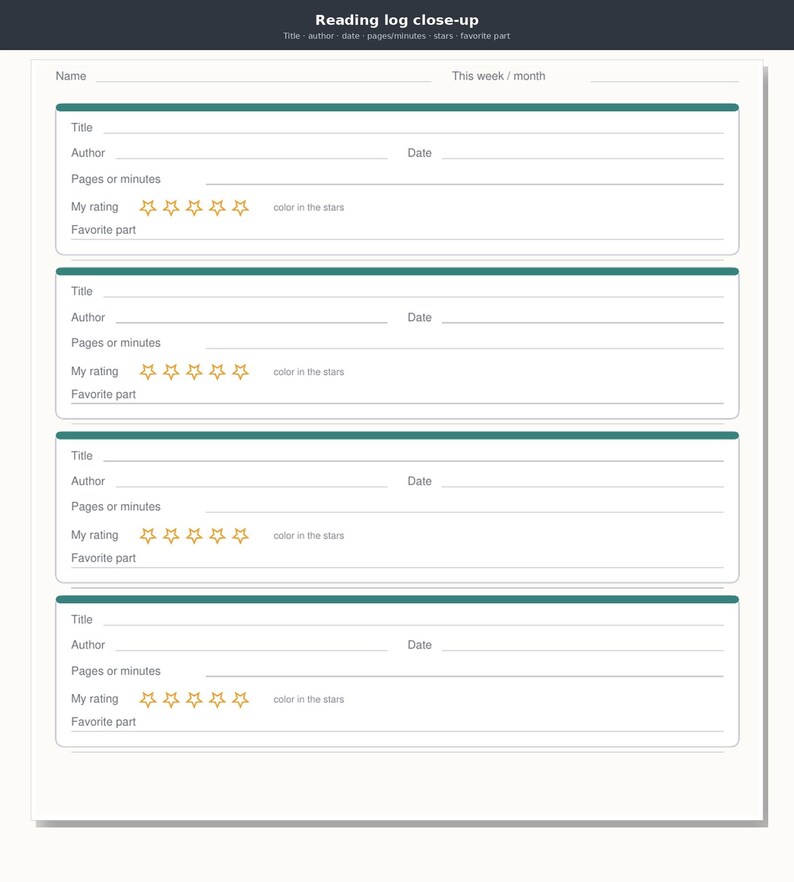 May include: A white reading log template featuring four identical sections with teal horizontal bars. Each section includes lines for title, author, date, pages or minutes, a five-star rating system, and a space for favorite part, with text labels.