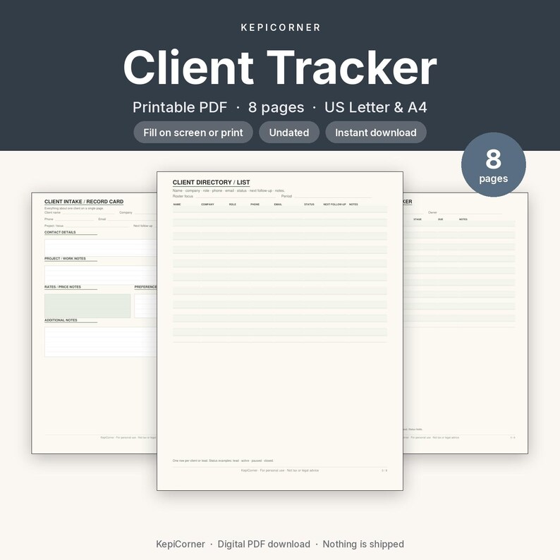 Client Tracker Printable | Freelancer Client Log Fillable PDF | Letter A4 image 1