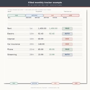 May include: A monthly bill tracker template featuring columns for bill, due date, amount due, amount paid, status, and notes. The document includes rows for rent, electric, internet, car insurance, phone, and streaming with status labels like PAID, AUTO, and DUE.