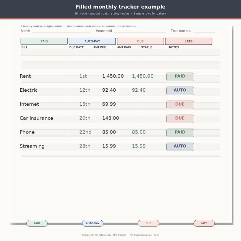 May include: A monthly bill tracker template featuring columns for bill, due date, amount due, amount paid, status, and notes. The document includes rows for rent, electric, internet, car insurance, phone, and streaming with status labels like PAID, AUTO, and DUE.