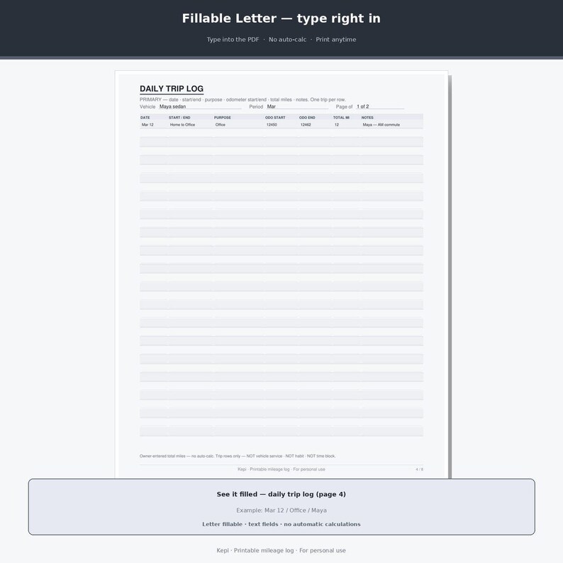 May include: A white digital daily trip log template with black text. The document features columns for date, start and end locations, purpose, odometer readings, total miles, and notes. The header reads Daily Trip Log, and the page includes fillable fields.