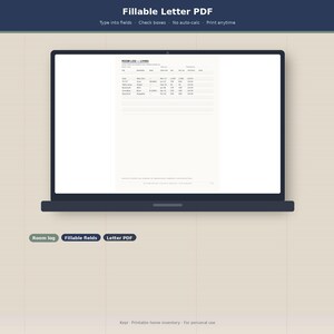 May include: A dark laptop screen displays a digital document titled Room Log - Living with columns for item, description, date, cost, and value. Above the screen, text reads Fillable Letter PDF, Type into fields, Check boxes, No auto-calc, Print anytime.